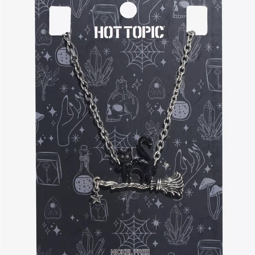 Black Cat Broomstick Pendant Necklace Hot Topic Halloween Witch Witchyโ
